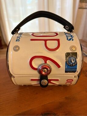 Little Earth Recycled License Plate Purse in a Unique Barrel Shape Y2K